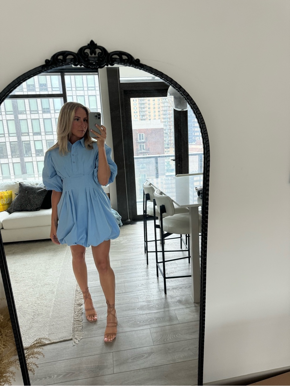 Maeve Light Blue Puff-Sleeve Shirt Dress Mini